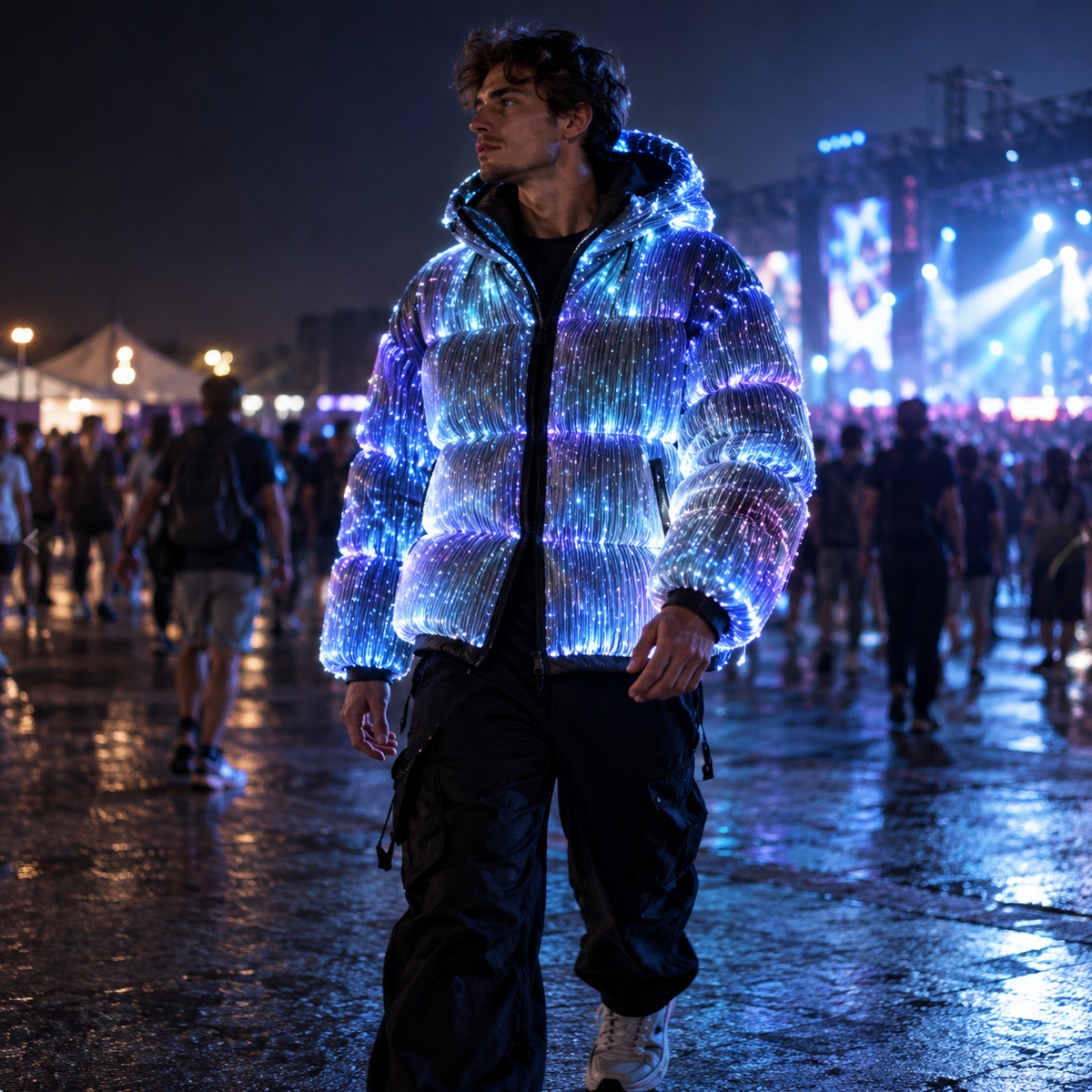 Full-glow fiber puffer jacket at music festival