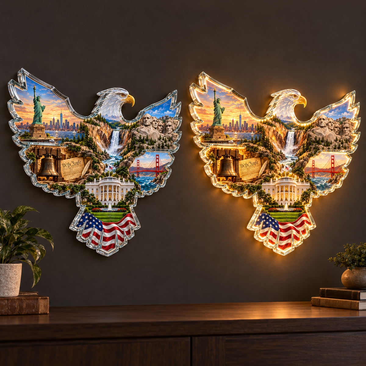 🦅 American Heritage Lighted Eagle Wall Art – 6 Iconic U.S. Landmarks