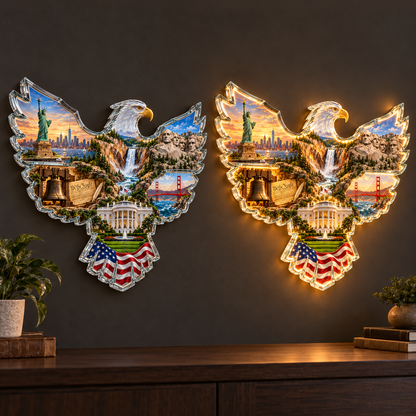 🦅 American Heritage Lighted Eagle Wall Art – 6 Iconic U.S. Landmarks