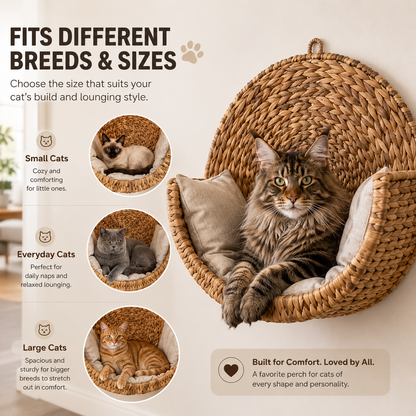 Handwoven Wall-Mounted Cat Bed – Cozy Space-Saving Cat Perch with Cushion