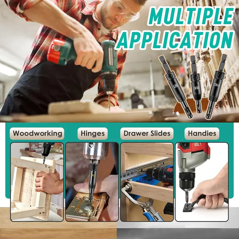 🎯 Self-Centering Hinge Drill Bit Set – 3 Sizes for Hinges & Cabinet Hardware