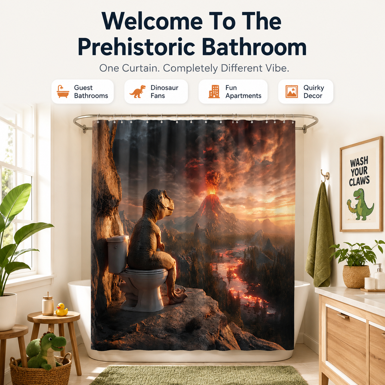 🦖Fun Dinosaur Volcano Bathroom Shower Curtain