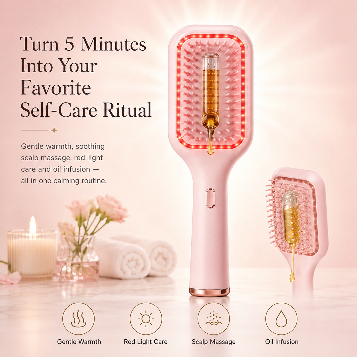 🌙 5-Minute Scalp Spa Brush | Red Light, Warm Massage & Oil Infusion
