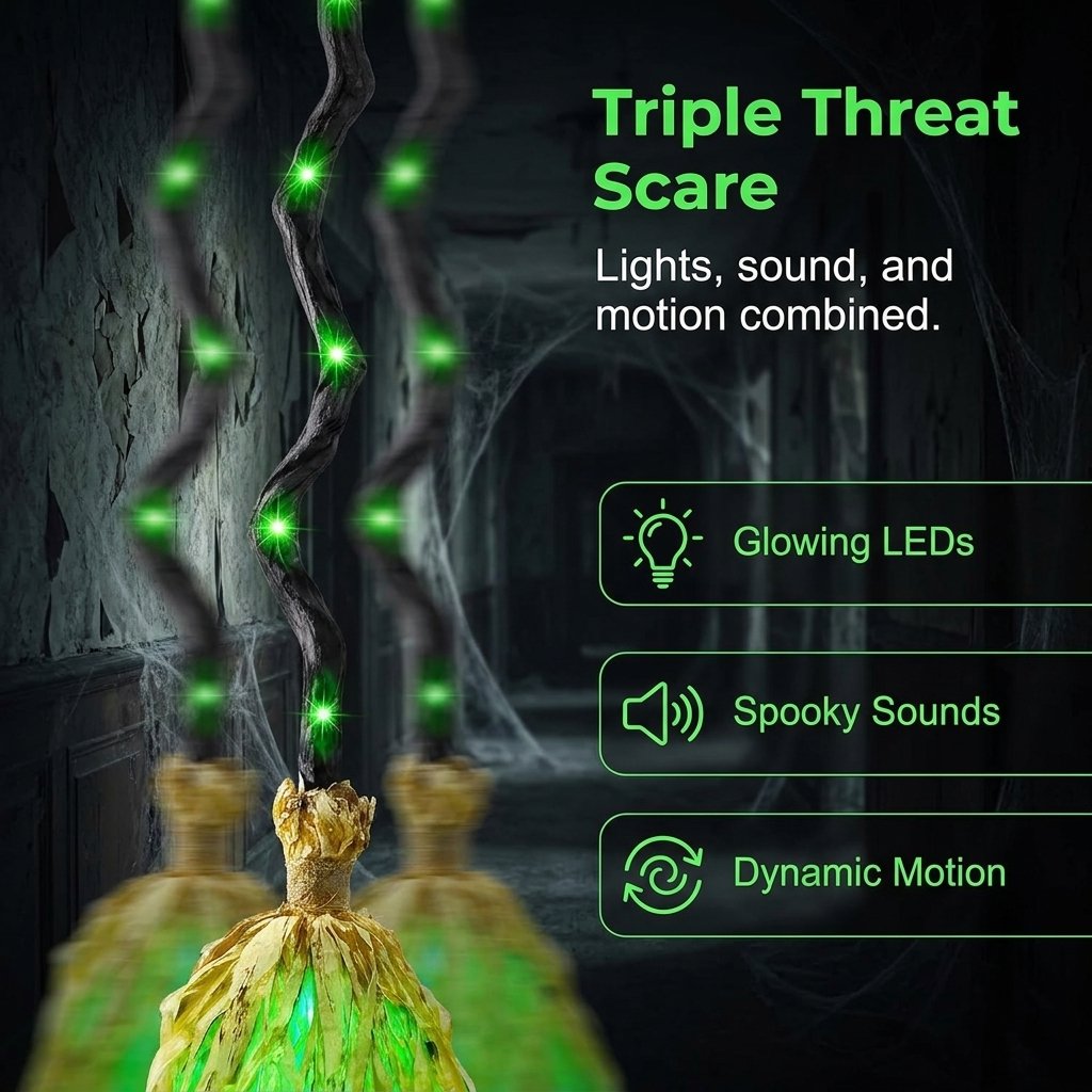 Animated Halloween Witch Broom with Lights, Sound and Motion Decor