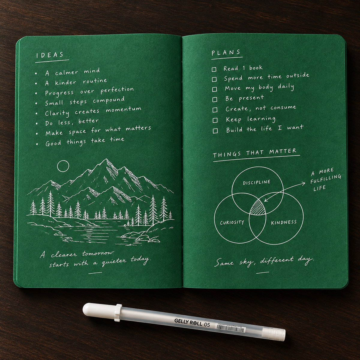 Deep Green Blank Notebook with White Gel Pen | Aesthetic Writing & Sketch Journal