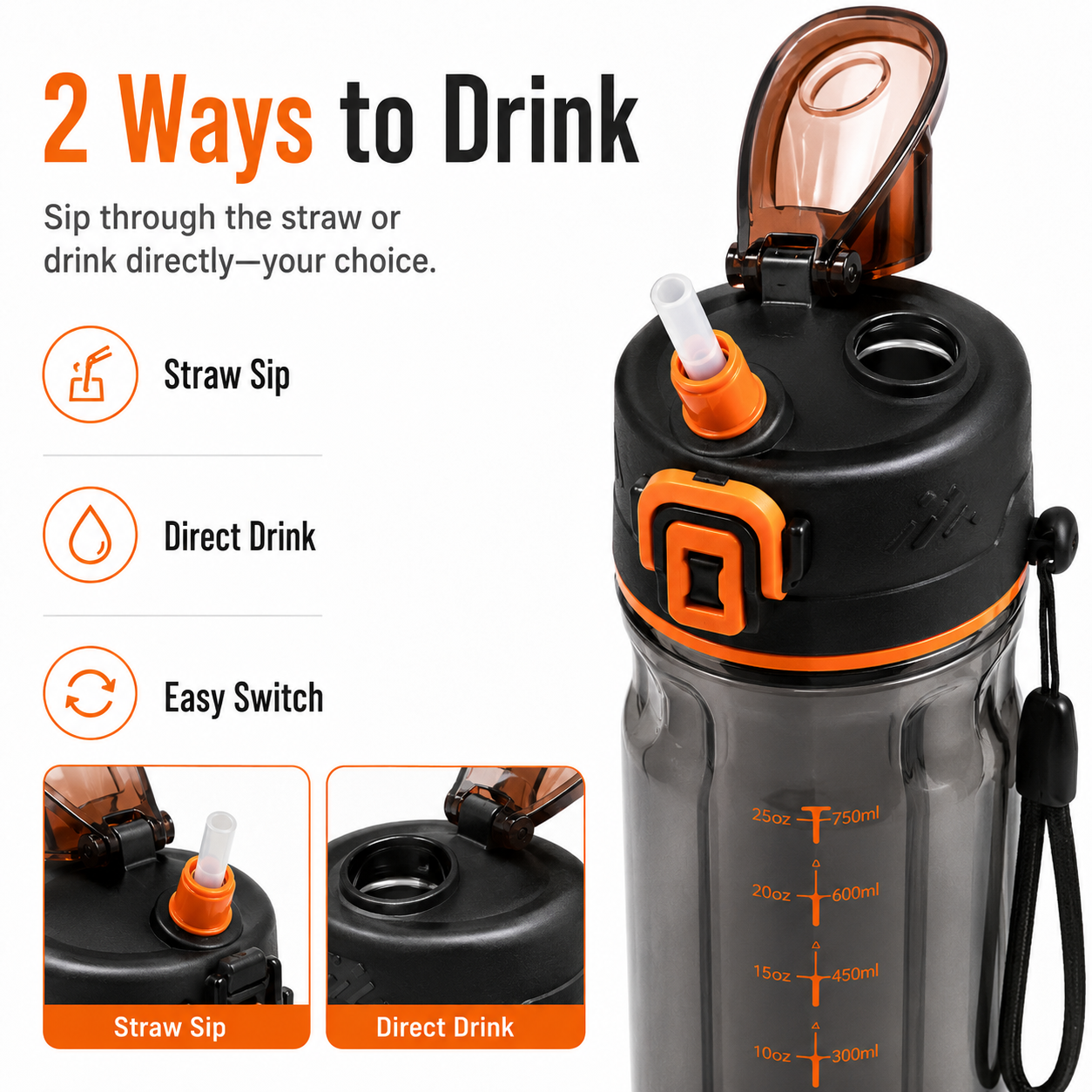 Water bottle with straw sip and direct drink options