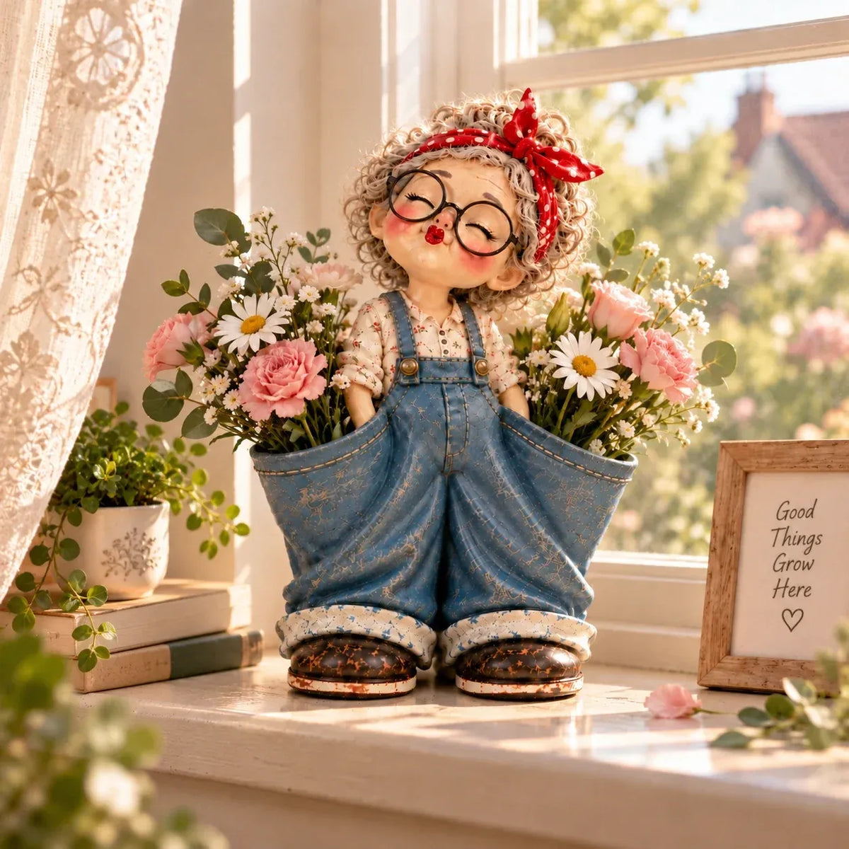 🎀💕 Vintage Girl Double-Pocket Organizer – Cute Denim-Style Figurine & Home Décor ✨