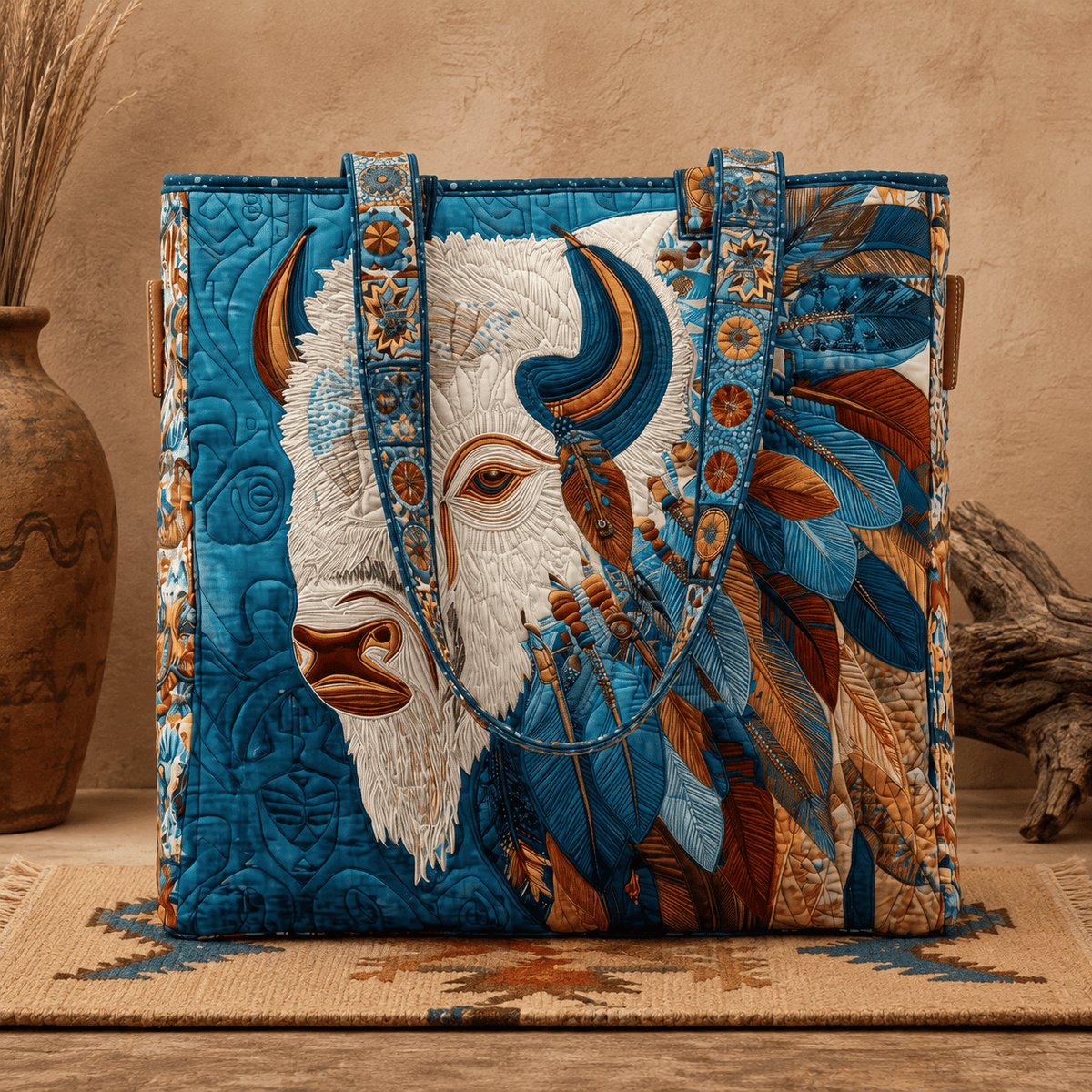 🐎 Western Quilted Tote Bag – Colorful Horse & Bison Print Everyday Carryall