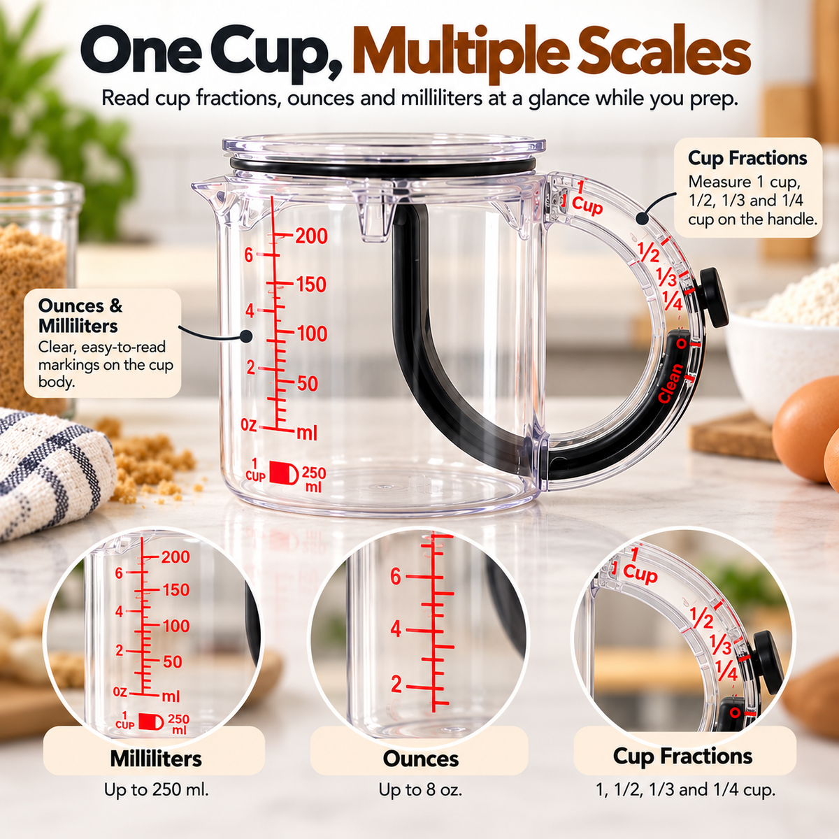 🥣 Adjustable Measuring Cup with Built-In Scraper – 1 Cup / 250 mL for Baking & Cooking