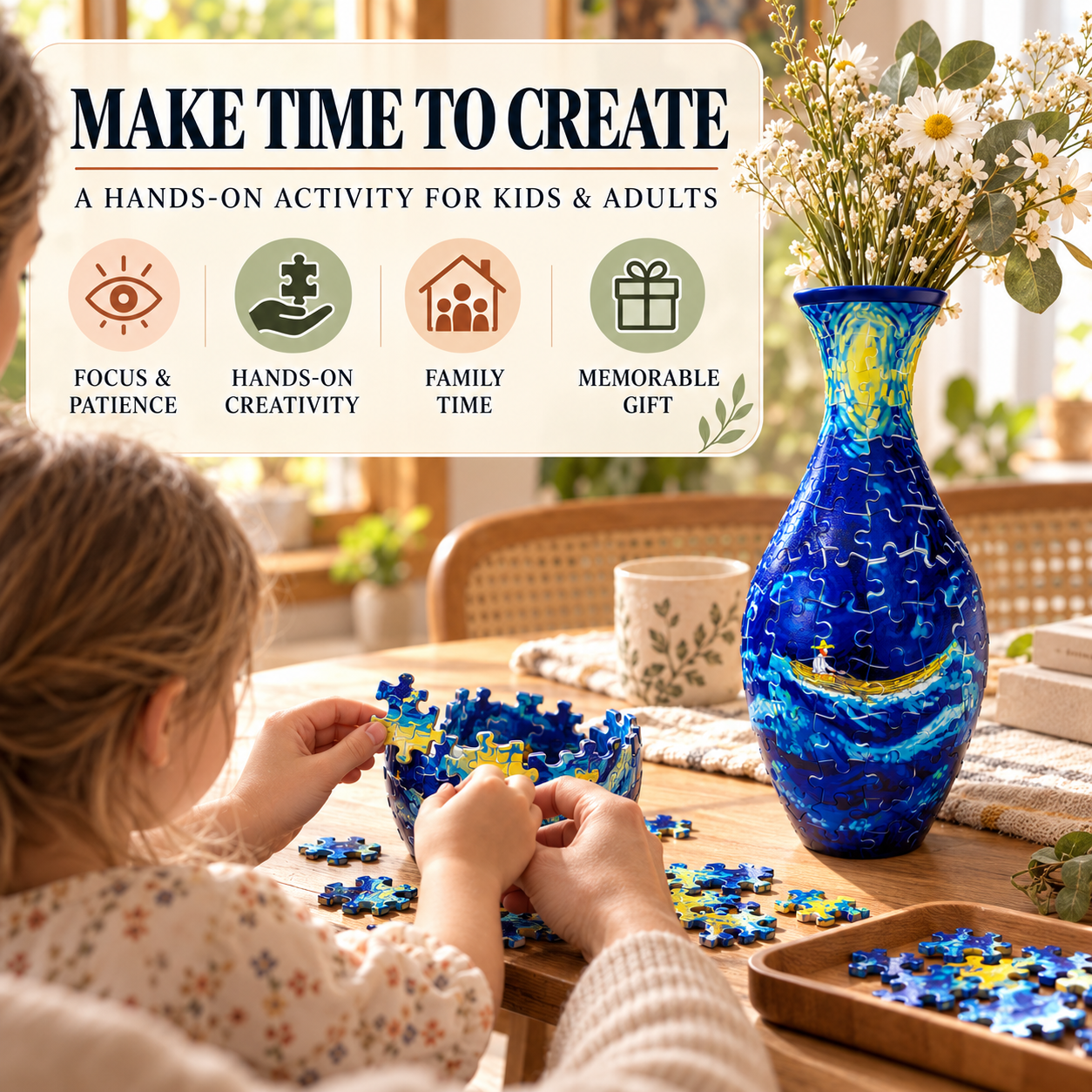 Person assembling the blue 3D puzzle vase at a table