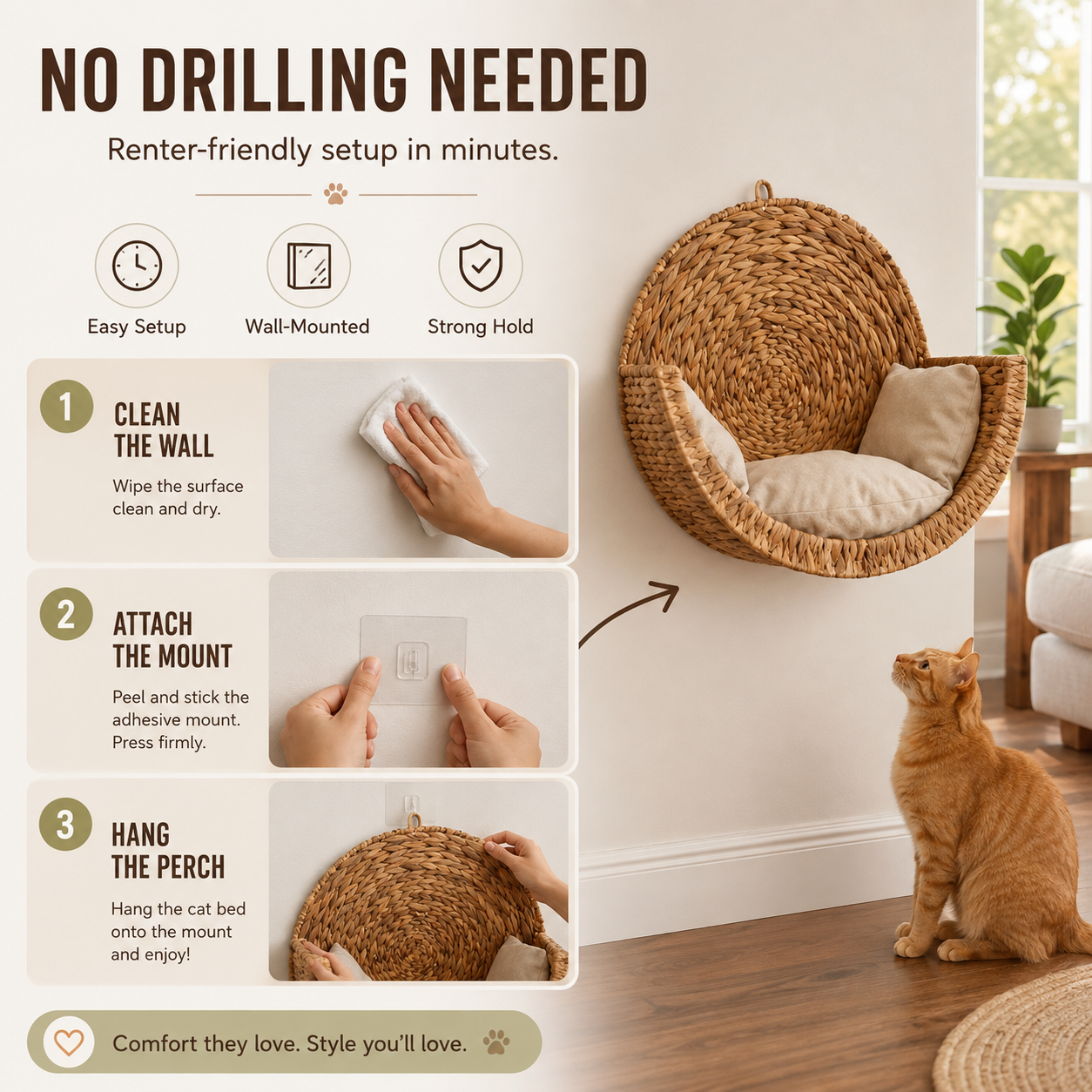 Handwoven Wall-Mounted Cat Bed – Cozy Space-Saving Cat Perch with Cushion
