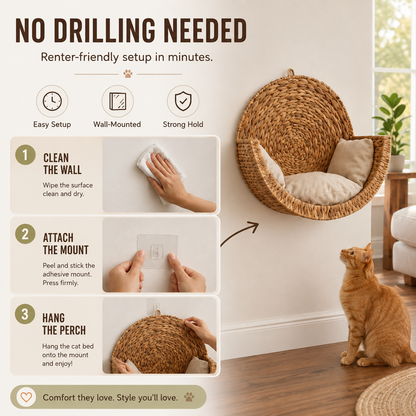 Handwoven Wall-Mounted Cat Bed – Cozy Space-Saving Cat Perch with Cushion