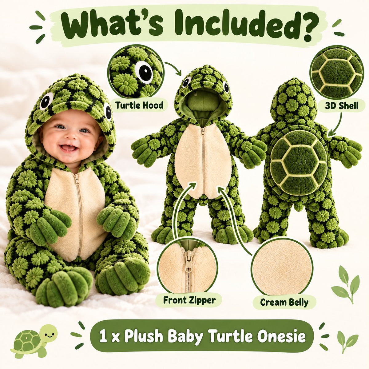 🐢 Little Turtle Baby Onesie – Adorable 3D Shell Hooded Outfit