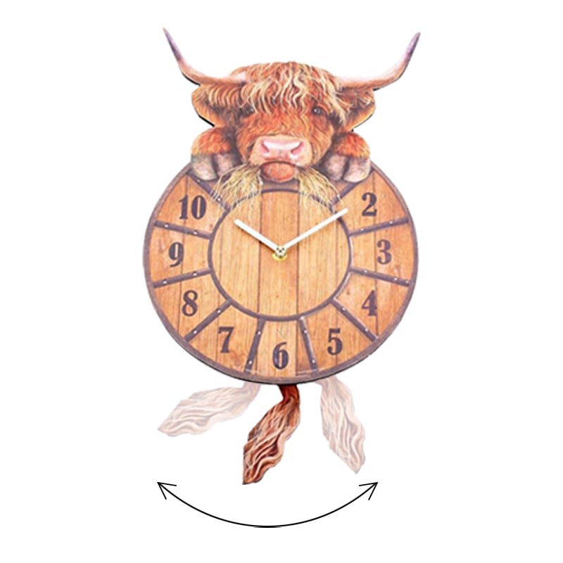 🐄 Swinging Tail Highland Cow Wall Clock – Rustic Farmhouse Decor