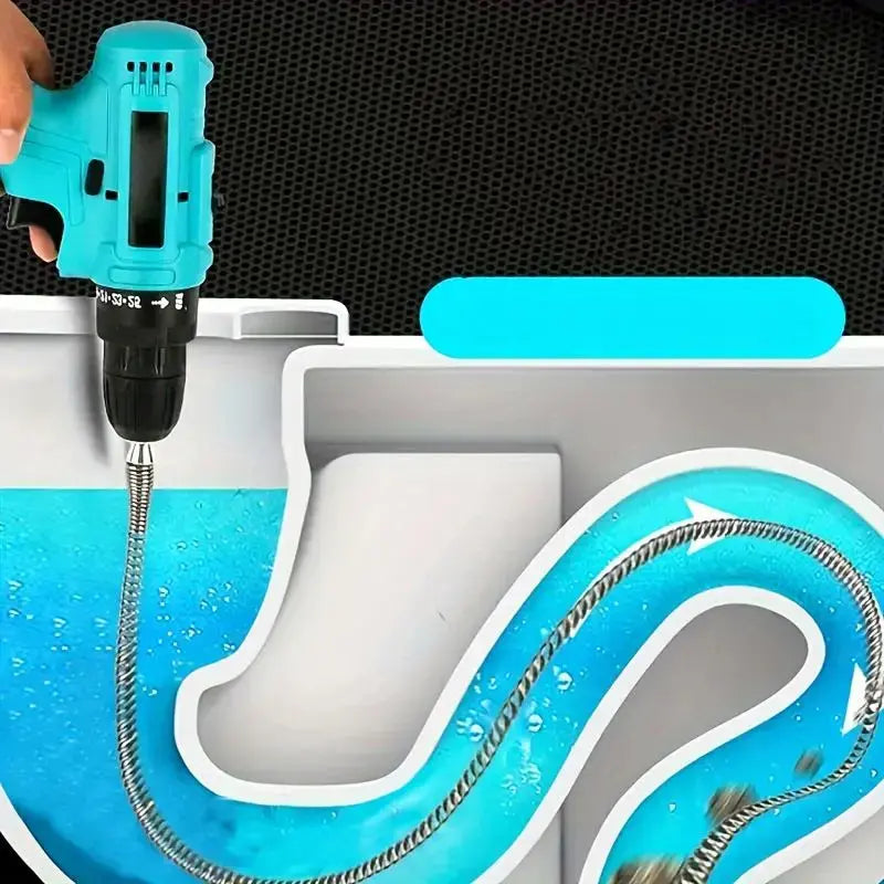 Drill powered flexible snake traveling through household drain pipe