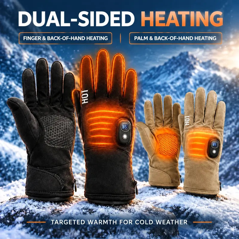 Black and khaki rechargeable heated gloves showing highlighted heating areas in a snowy winter setting
