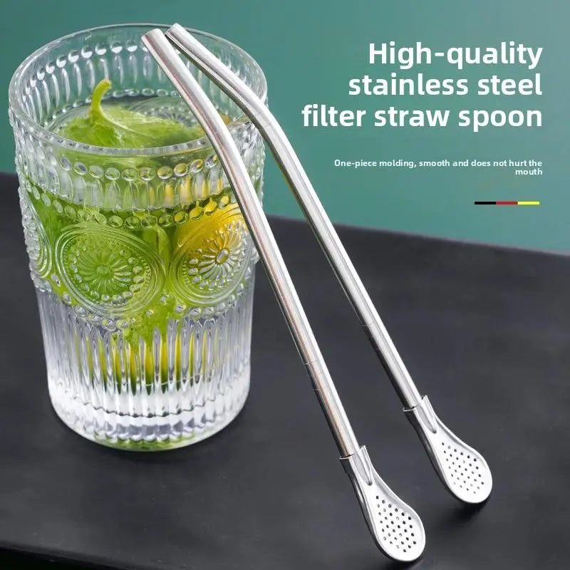 2-in-1 Stainless Steel Straw & Spoon, Reusable Drinking Straw with Stirring Spoon & Filter, Food-Grade Metal Straw for Coffee, Milk Tea, Juice & Smoothies