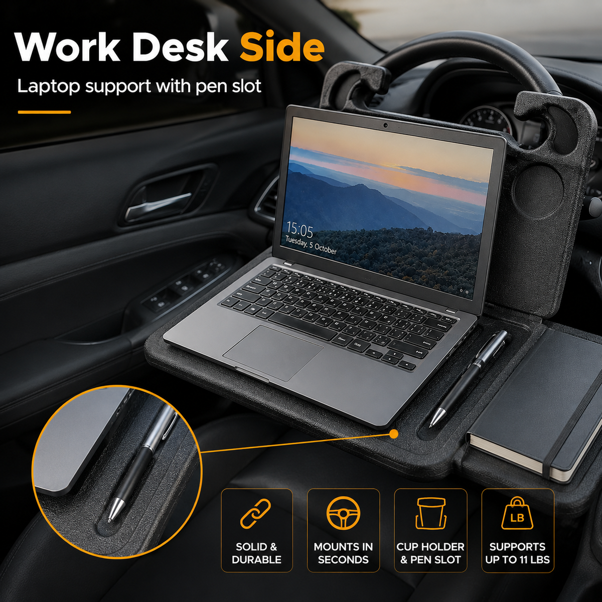 💥2-in-1 Car Steering Wheel Desk - Black ABS Plastic Food & Laptop Tray