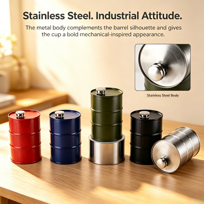 🛢️ Oil Drum Barrel Cup — Stainless Steel Industrial-Style Drinkware