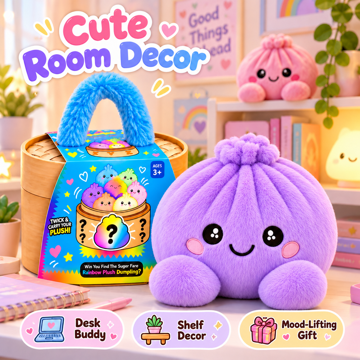 Rainbow Dumpling Plush Squishy with Bamboo-Style Steamer Basket – 8 Adorable Colors, Cute Stuffed Toy & Gift