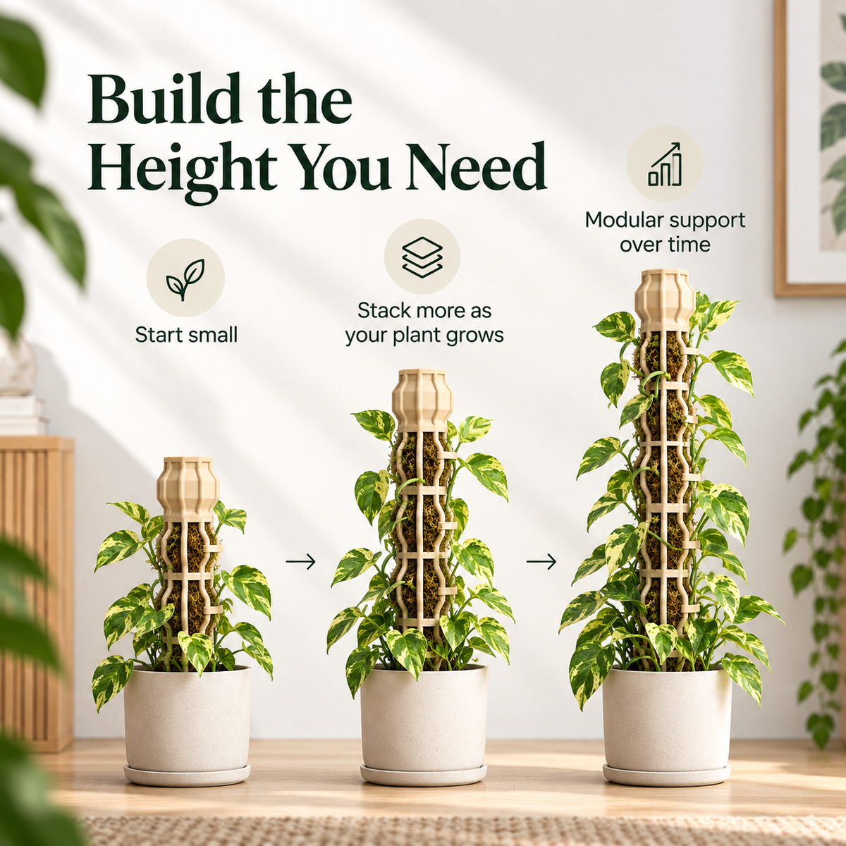 🌿 Stackable Climbing Plant Support Pole – Vine Clips, Moss Fill & Top Watering Design