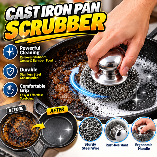 🍳 Heavy-Duty Stainless Steel Cast Iron Cleaner with Comfort Grip Knob