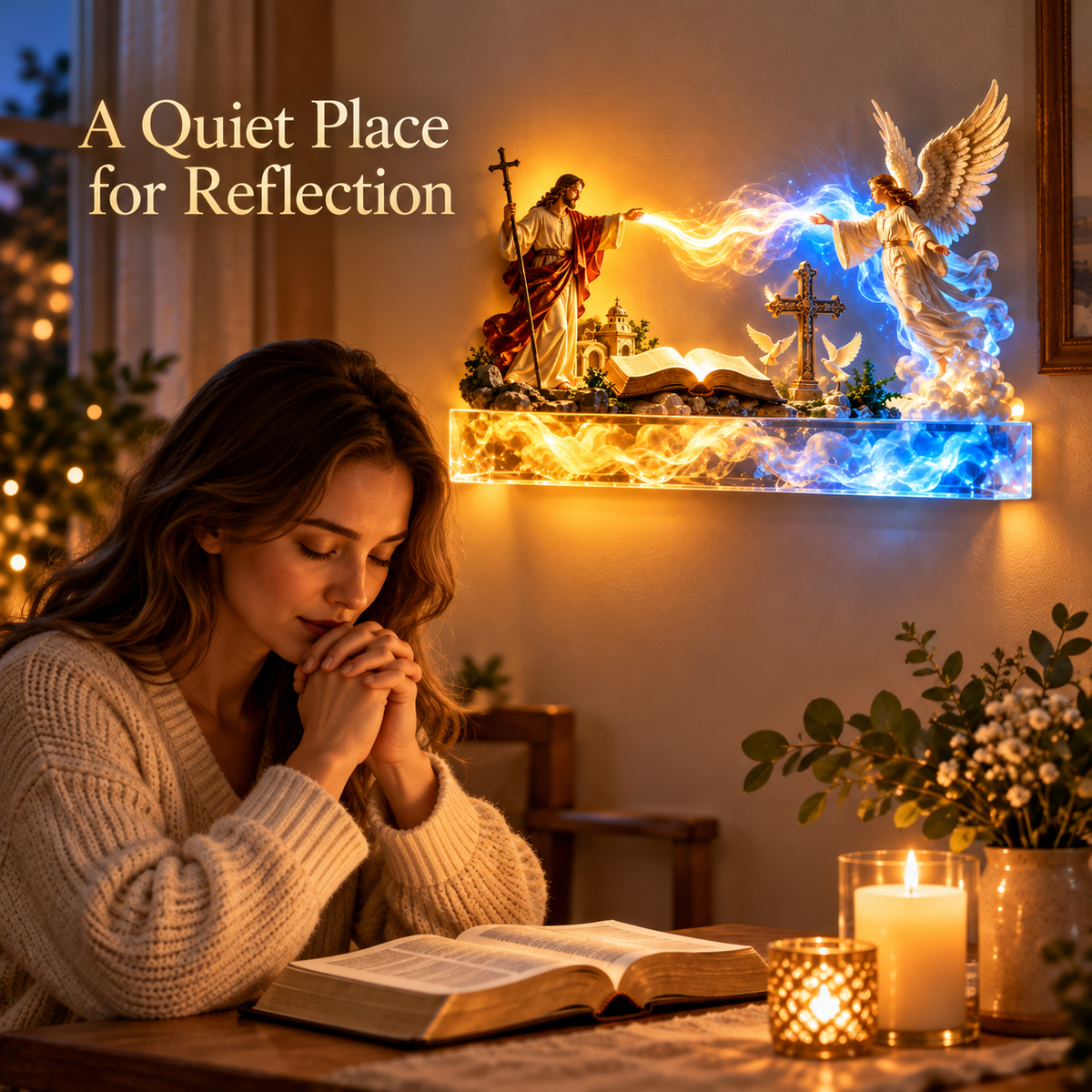Woman praying near illuminated Christian wall art and open Bible