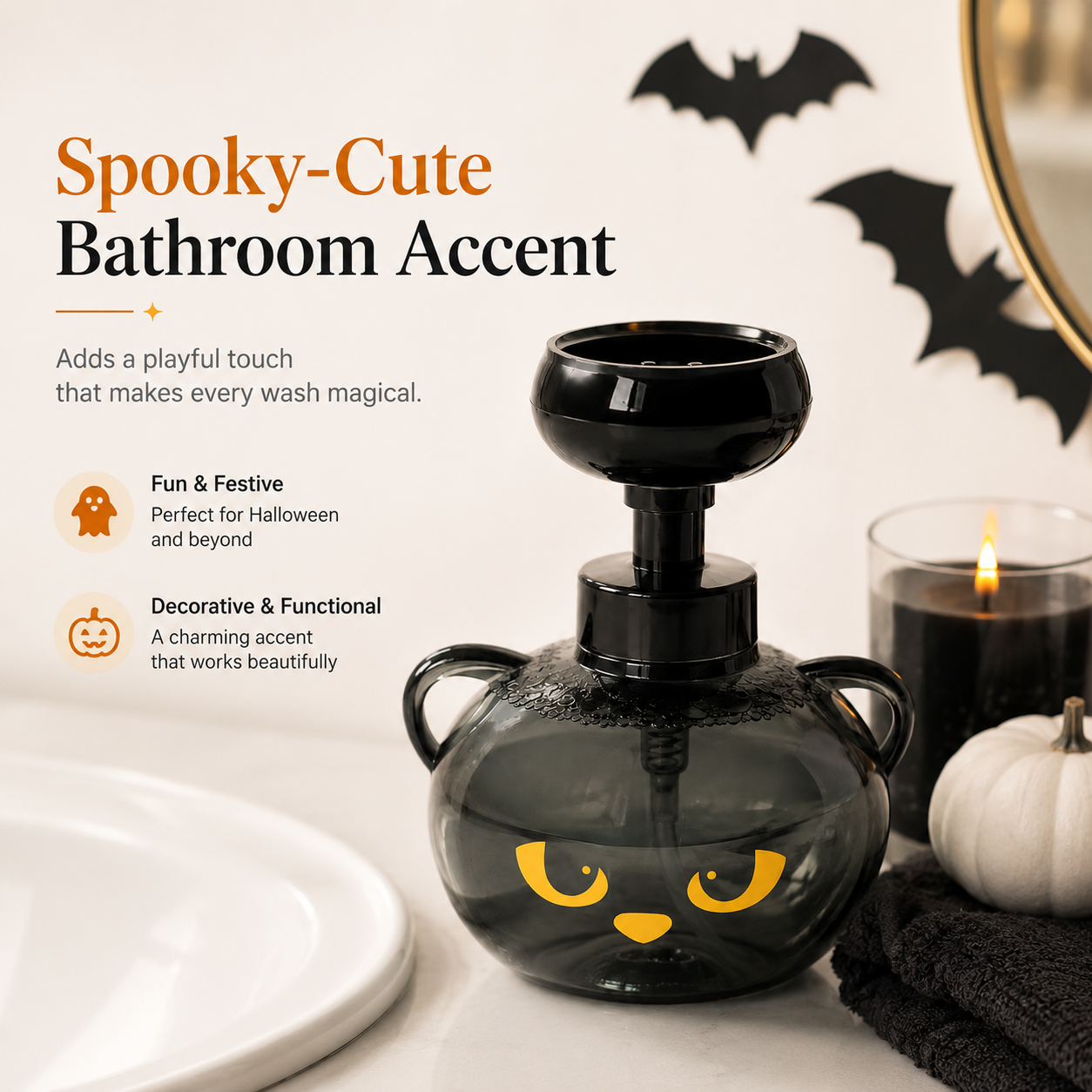 Spooky cute black cat soap dispenser beside Halloween bathroom decor