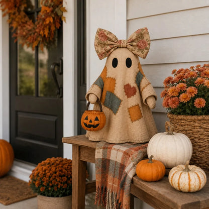 👻 25.6" Lighted Vintage Patchwork Ghost – Cozy Halloween & Fall Home Decor