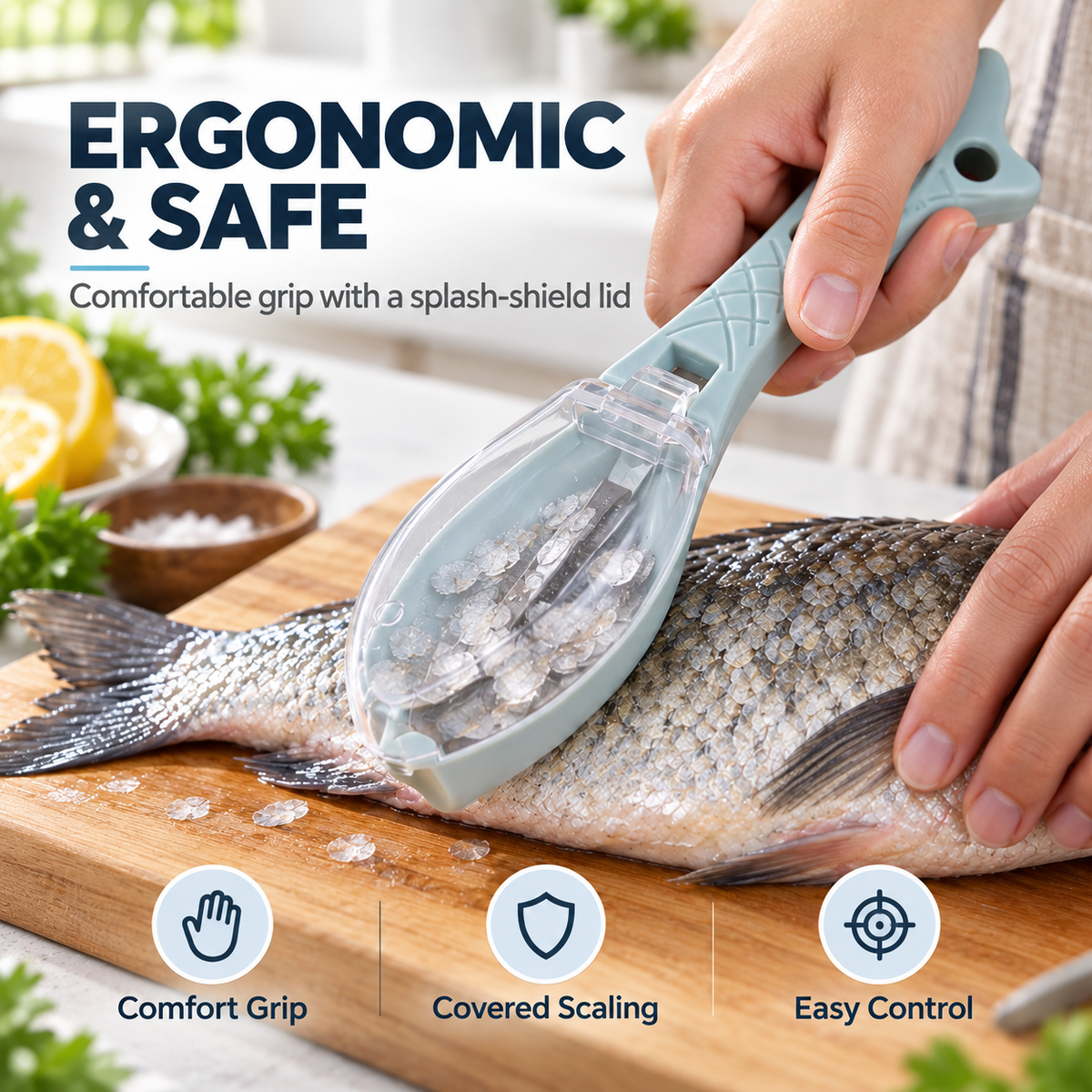 Ergonomic fish scaler with covered lid and comfortable handle