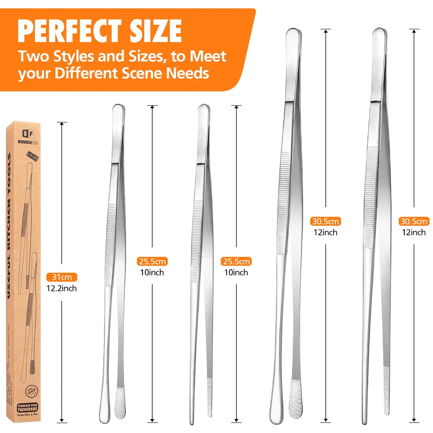 4 Pcs Fine Long Tweezer Tongs Professional Black Set,12'' and 10'' Stainless Steel for Kitchen Utensils , Food, Cooking, Repairing, Sea food and BBQ