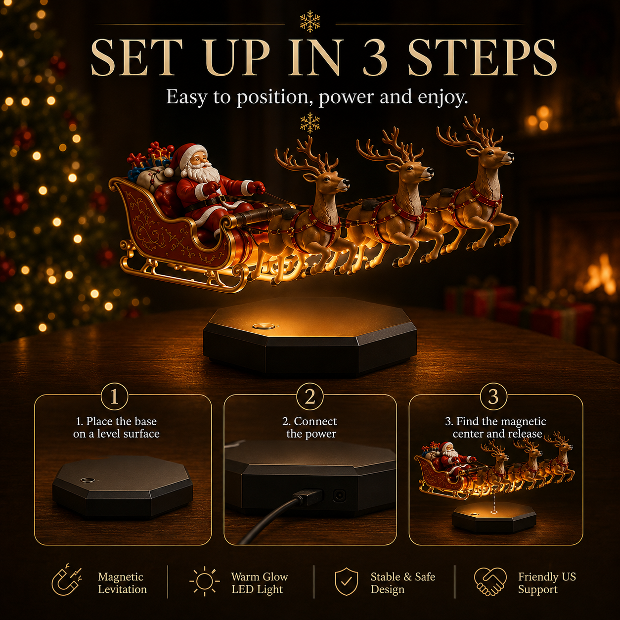 🎅 Floating Santa Sleigh with 4 Reindeer – Magnetic Christmas Centerpiece