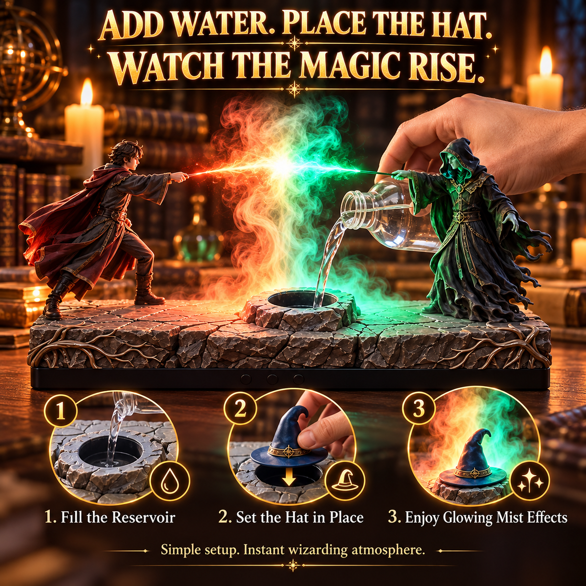 How to add water and operate the fantasy wizard duel mist diffuser