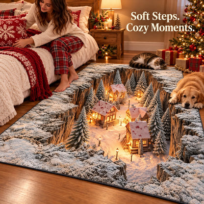 🎄 Optical Illusion Christmas Village Rug – Hidden Winter Scene Floor Decor ✨