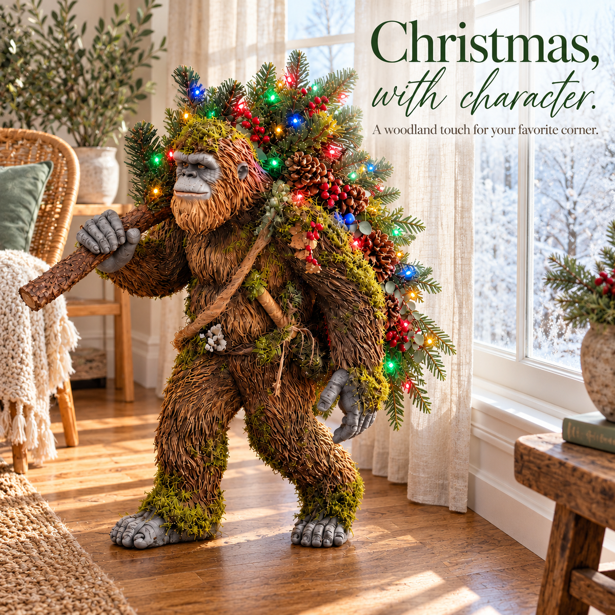 🎄 Light-Up Sasquatch Christmas Decoration – Bigfoot Carrying a Colorful Christmas Tree