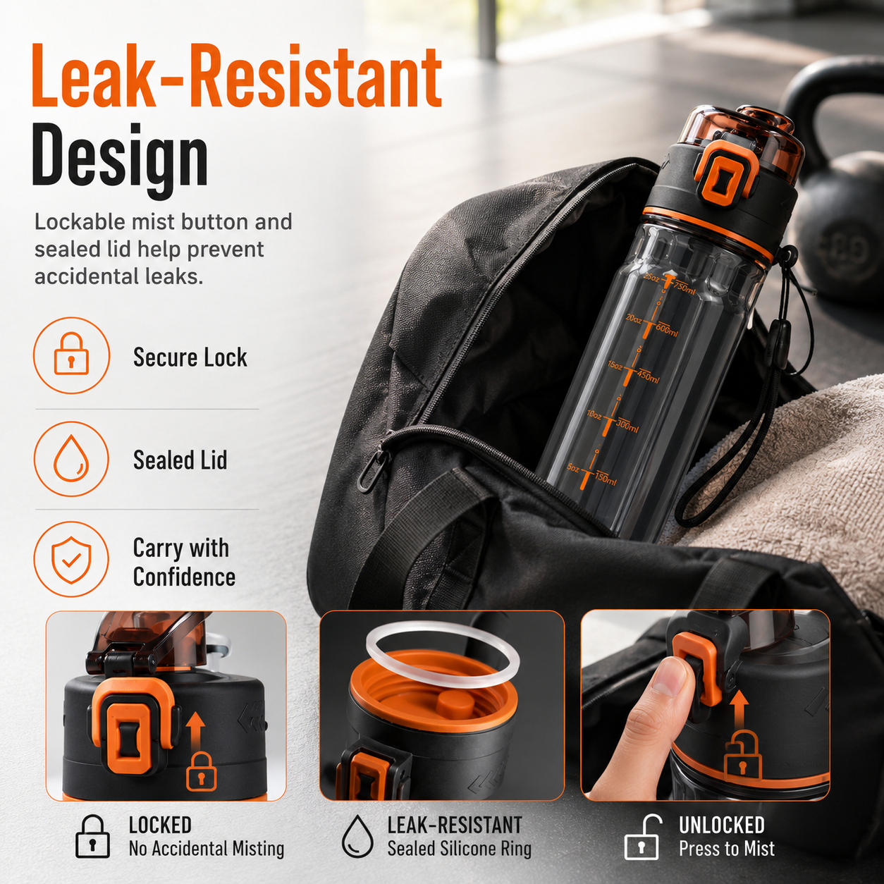Leak resistant misting bottle with locking spray control and sealed lid