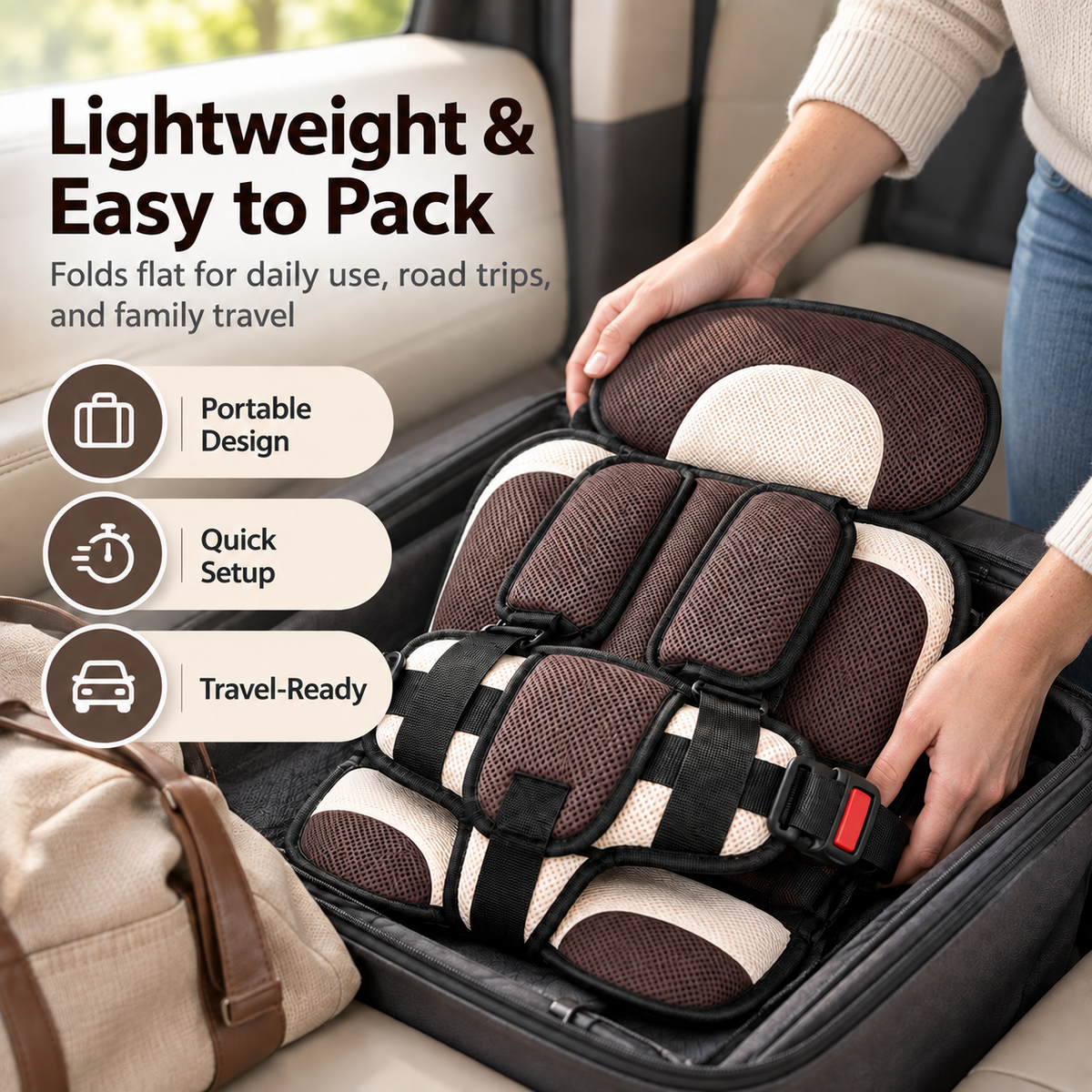 Foldable child travel support seat packed flat inside luggage