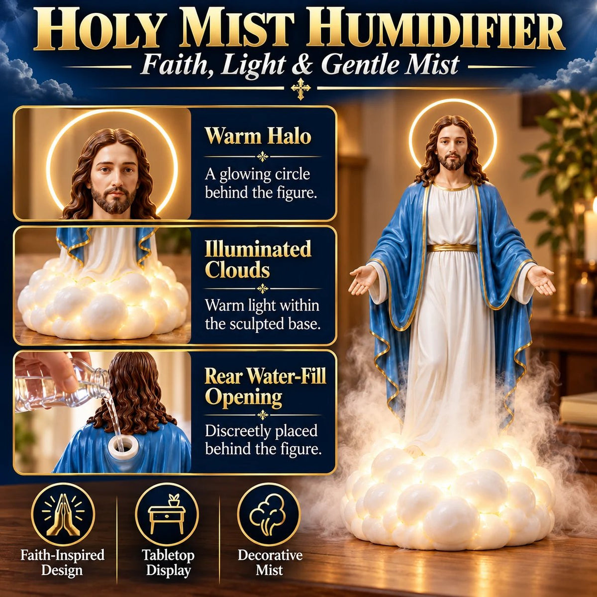 ✝️ Holy Mist Jesus Humidifier – Light-Up Christian Statue with Halo Glow & Cloud Mist
