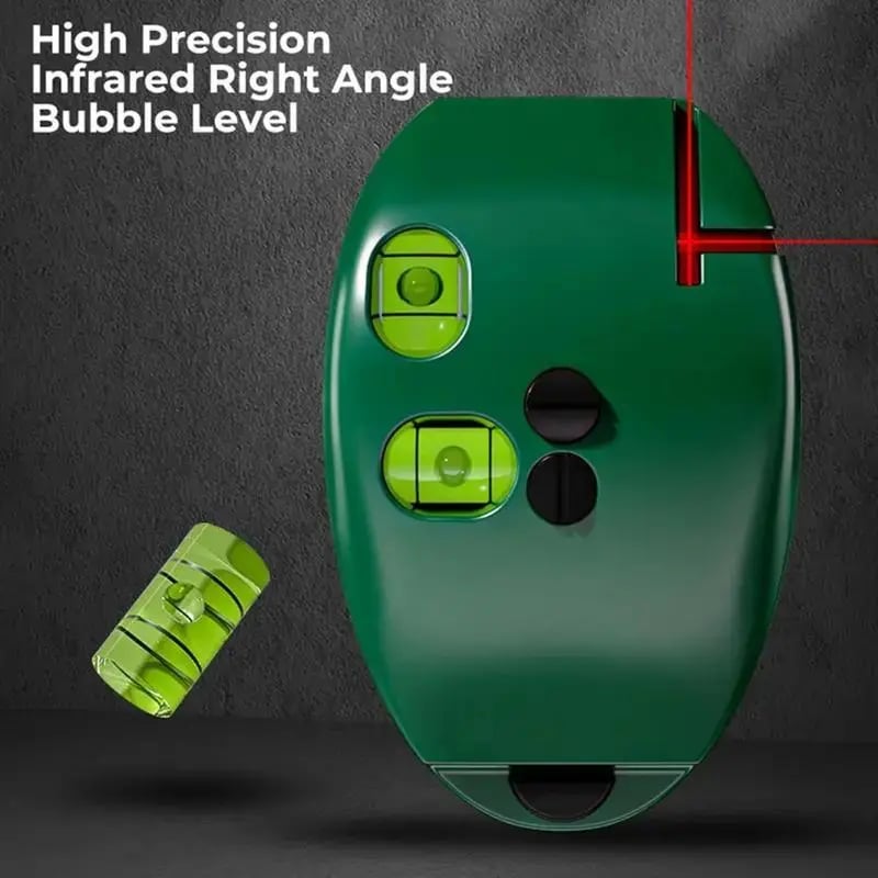 High precision right angle bubble level showing dual bubble vials and red laser lines