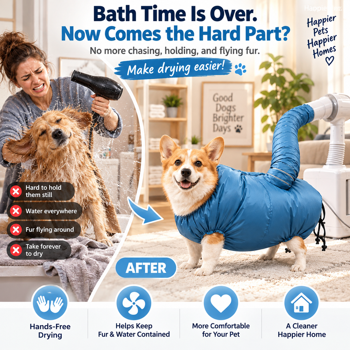 Hands-Free Pet Drying Bag – Easier, Cleaner Bath Days for Dogs & Cats🐾