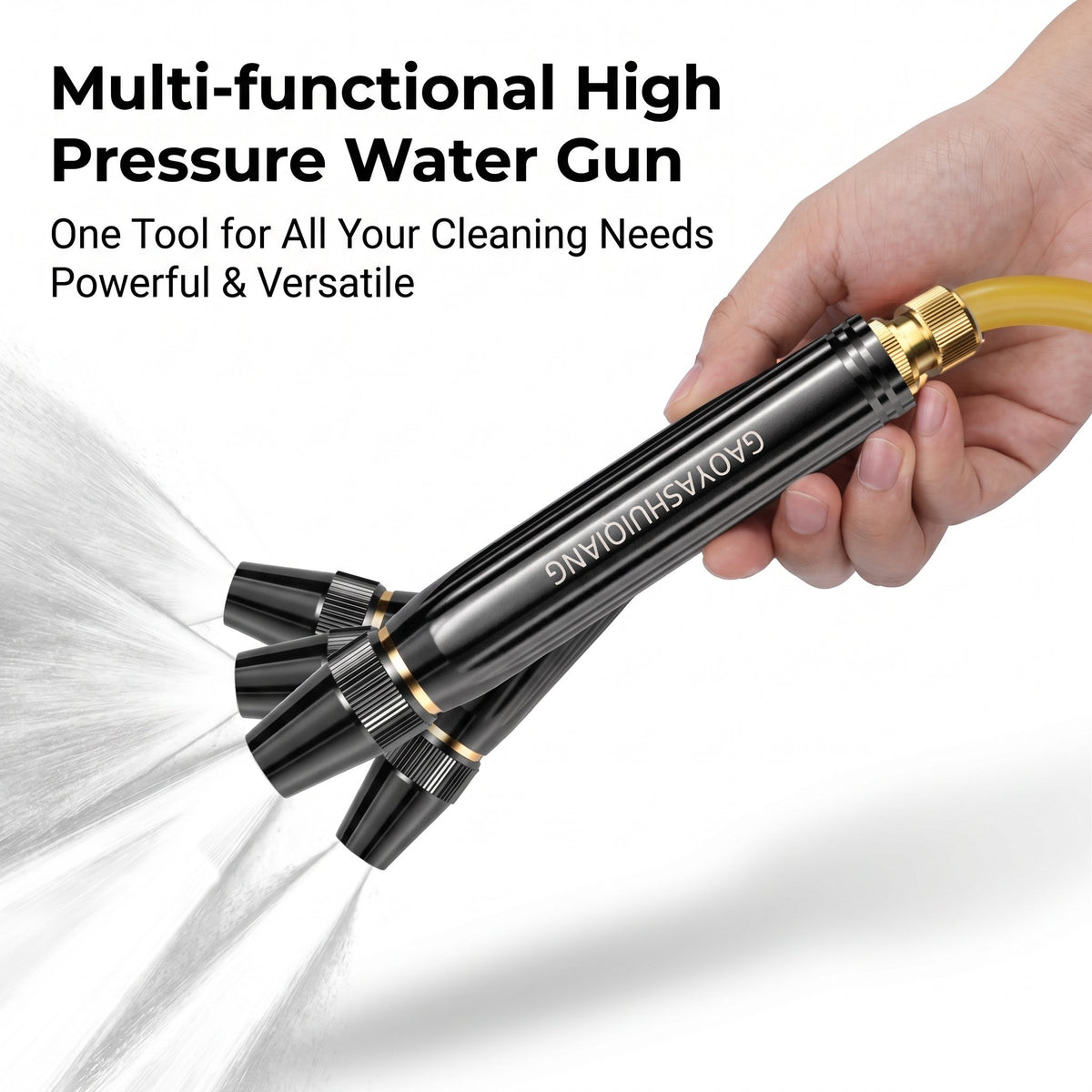 Multi-functional high pressure water spray gun displaying different spray configurations