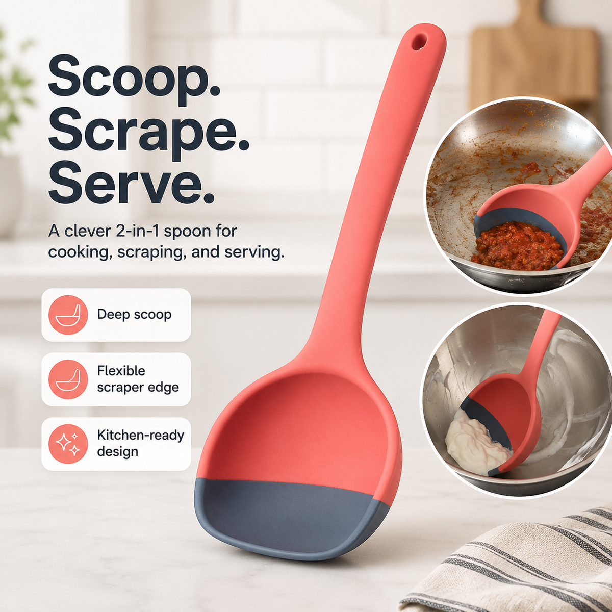 🥄 2-in-1 Silicone Scoop & Scraper Spoon – Multi-Purpose Cooking & Serving Utensil