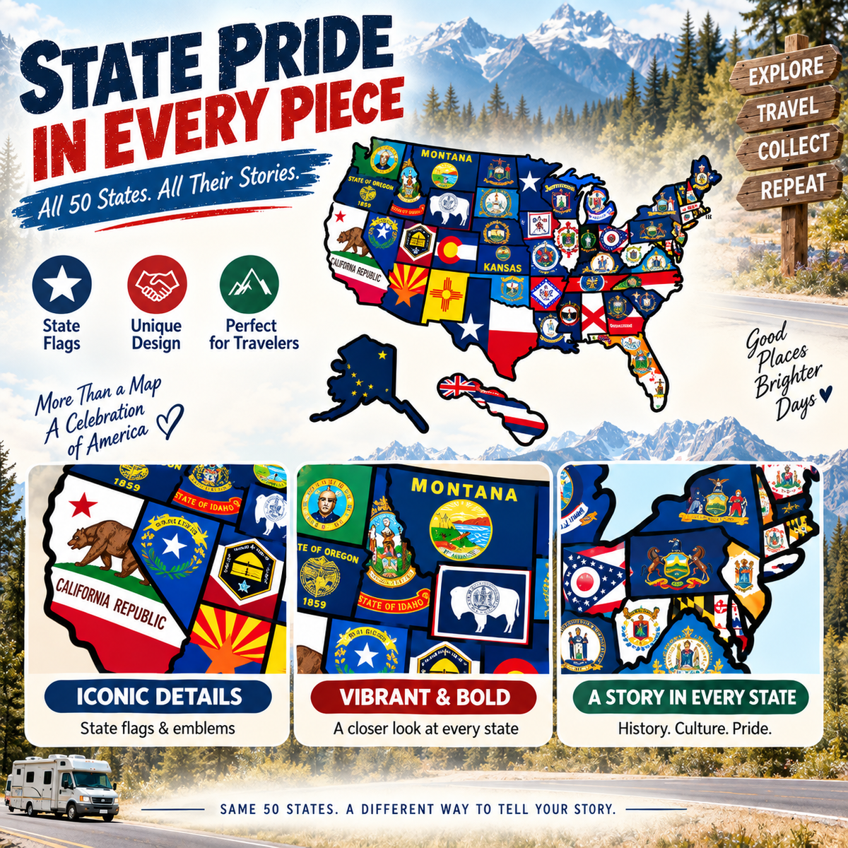 🔥🗺️RV State Sticker Travel Map—Document Your American Adventures in Style