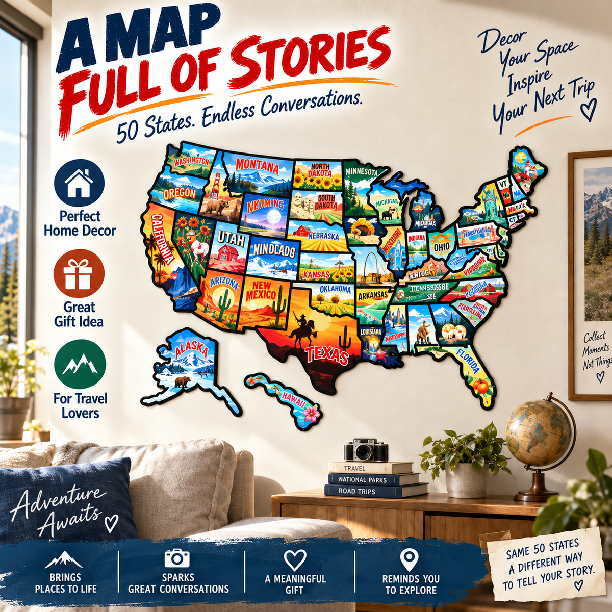 🔥🗺️RV State Sticker Travel Map—Document Your American Adventures in Style