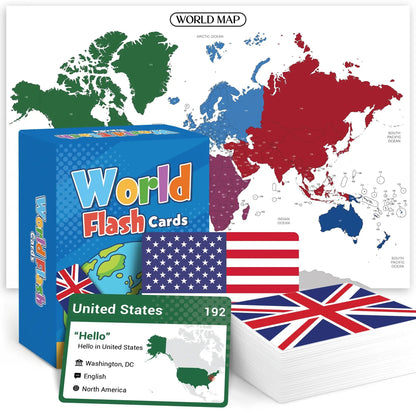 💯🌍245-Piece World Flags Flashcards Set – Fun Geography Learning Game for Kids & Adults with World Map 📚