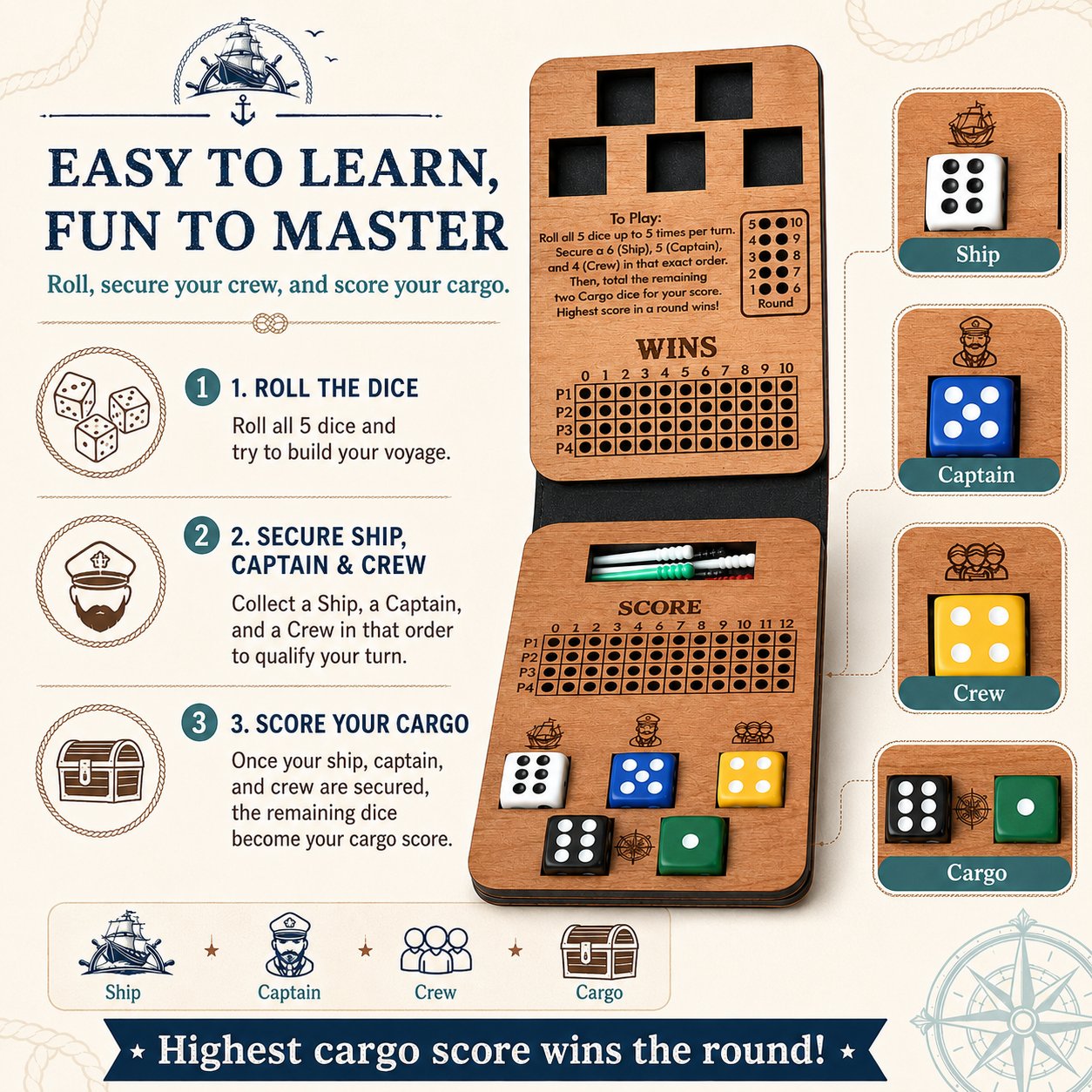 ⚓ Ship, Captain, Crew – A Classic Wooden Dice Game For Family & Travel Fun