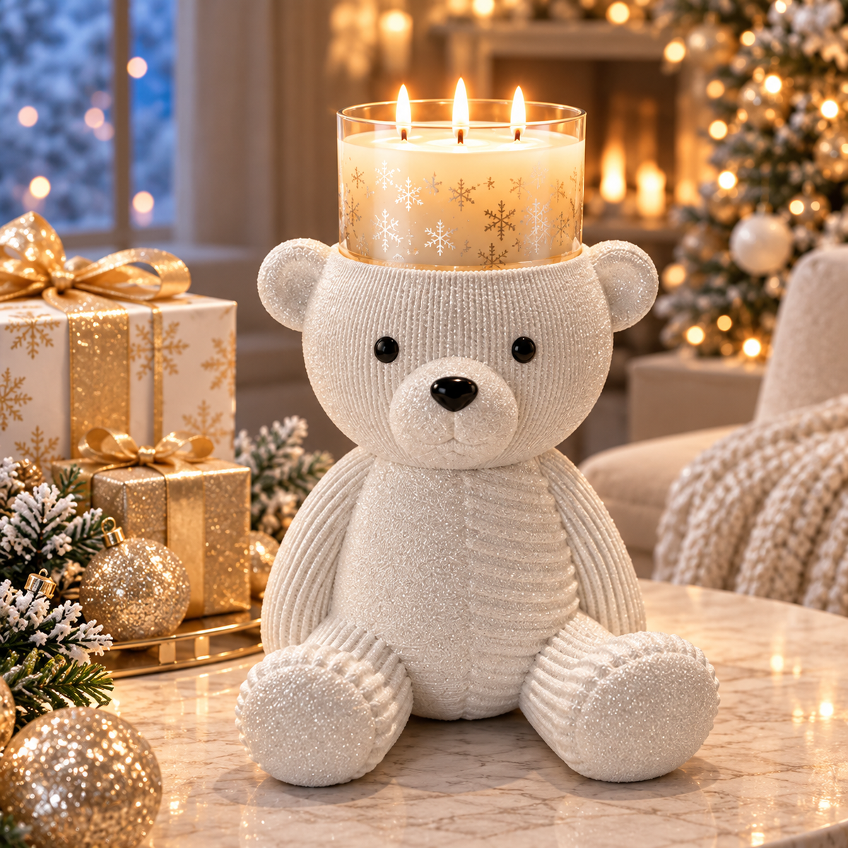 🐻White Glitter Teddy Bear 3-Wick Candle Holder – Cozy Christmas Tabletop Décor🎄