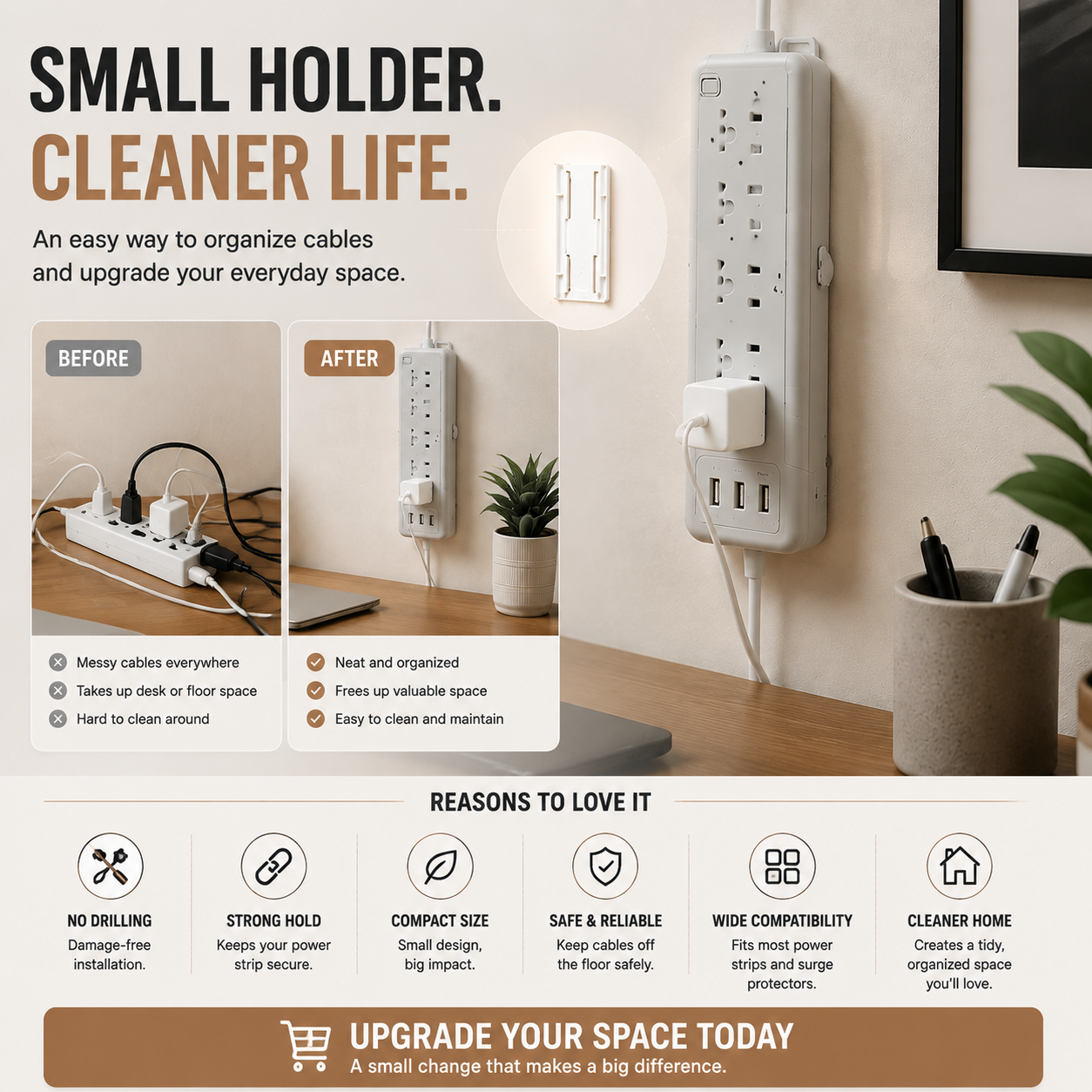 Wall Mounted Power Strip Holder – No Drill Cable Organizer for Clean & Clutter-Free Spaces
