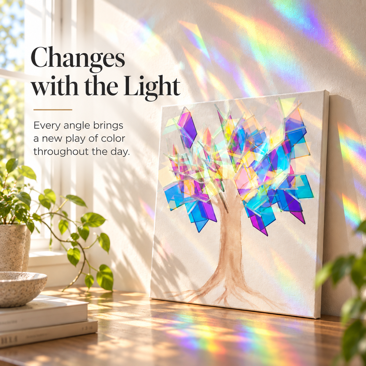🌈 Prismatic Rainbow Tree Sun-Catcher Wall Art – Light-Responsive Iridescent Home Decor