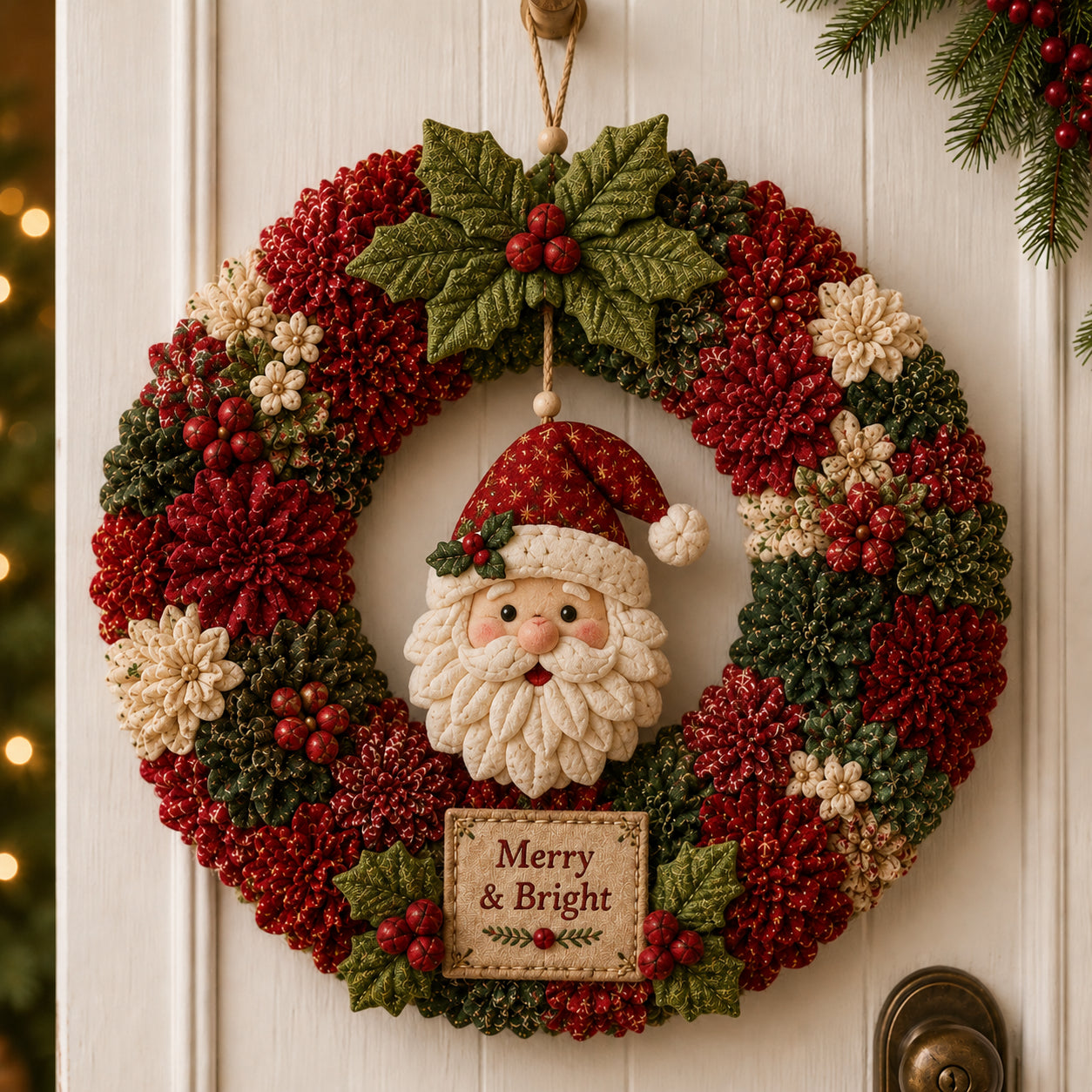 Merry and Bright Santa 3D fabric poke Christmas wreath